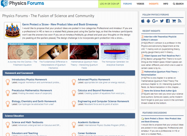 Physics Forums Homepage in 2018