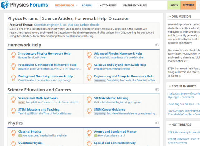 Physics Forums Homepage in 2019