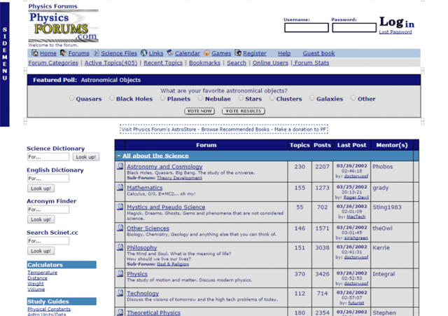 Physics Forums Homepage in 2001