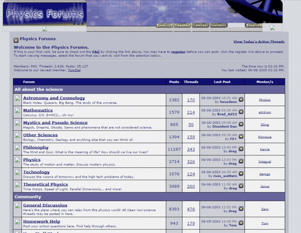 Physics Forums Homepage in 2003