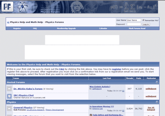 Physics Forums Homepage in 2005