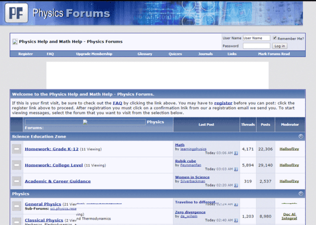 Physics Forums Homepage in 2007