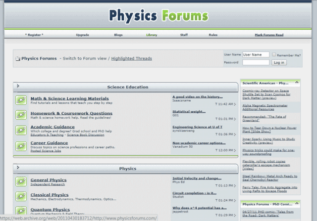 Physics Forums Homepage in 2009