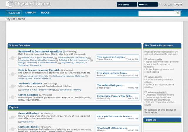 Physics Forums Homepage in 2012